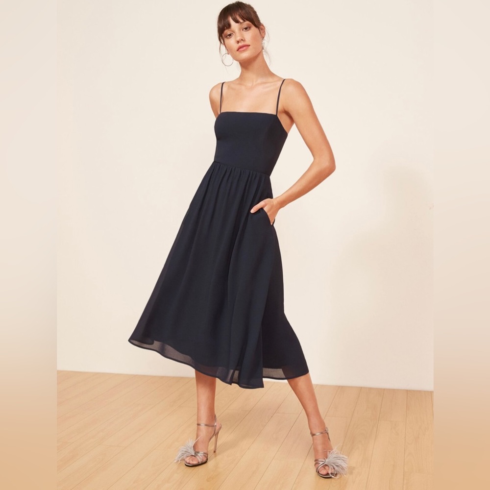 Reformation Rosehip Midi Navy Dress